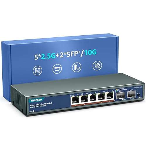 7 Port 2.5G Unmanaged Ethernet Switch, 5 x 2.5G Base-T Ports, 2 x 10G SFP, Compatible with 100/1000/2500Mbps, VLAN, Fanless, Desktop/Wall Mount