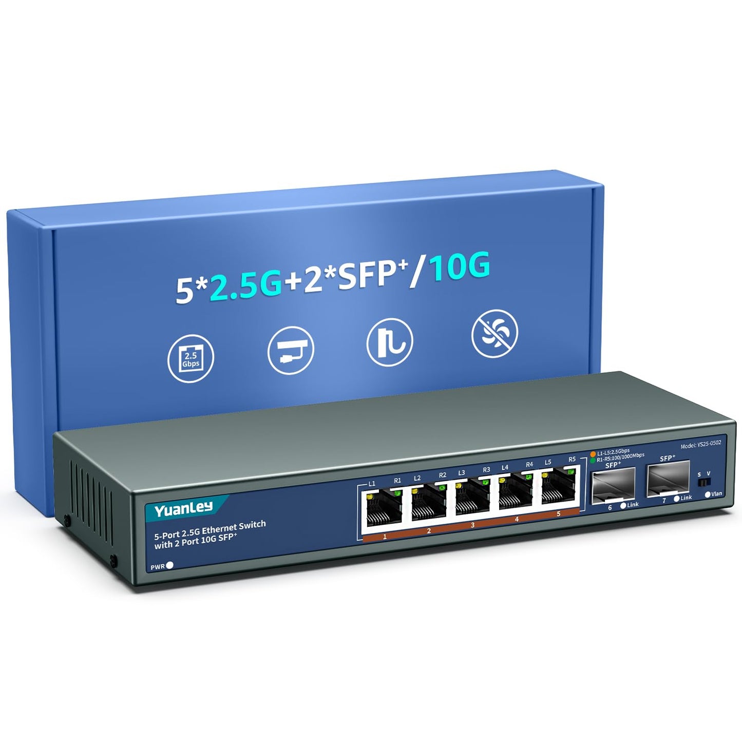 7 Port 2.5G Unmanaged Ethernet Switch, 5 x 2.5G Base-T Ports, 2 x 10G SFP, Compatible with 100/1000/2500Mbps, VLAN, Fanless, Desktop/Wall Mount