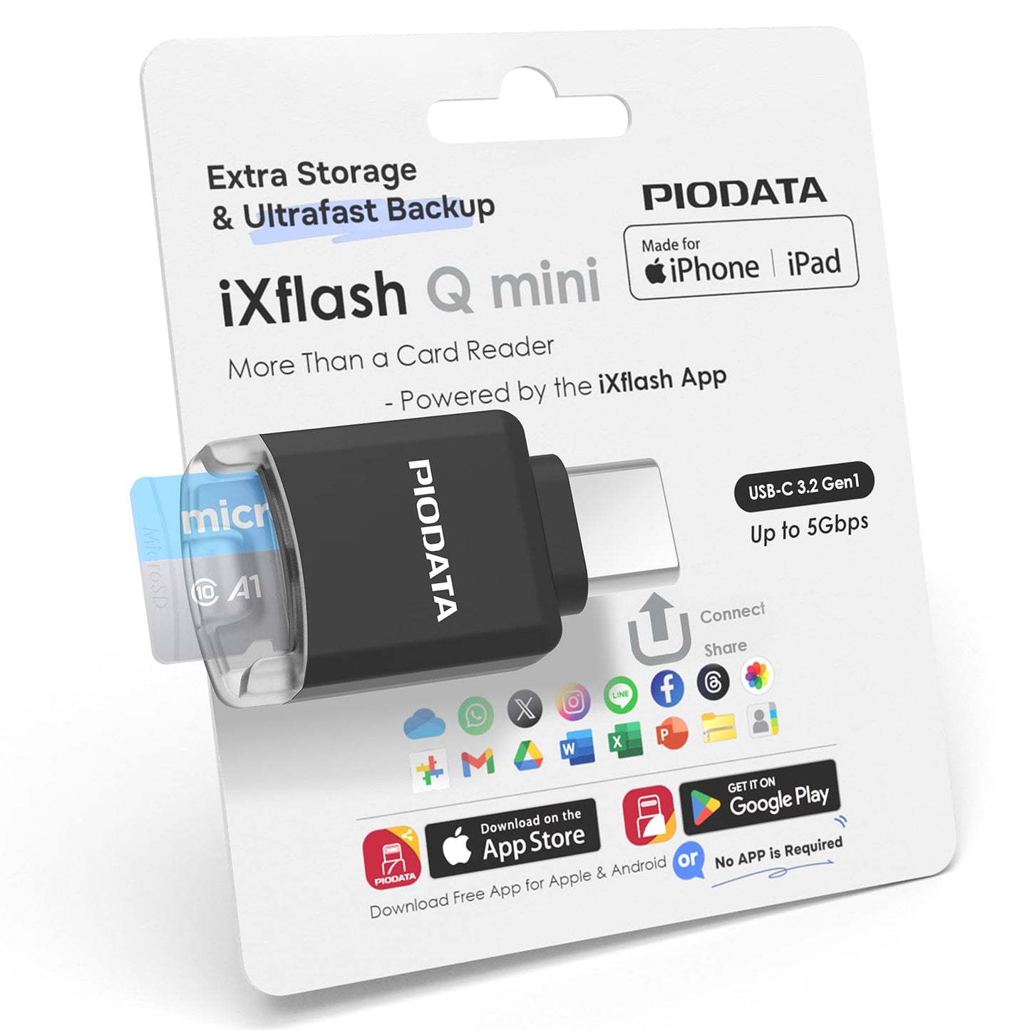 Piodata Micro SD Card Reader for iPhone 17/16/15, iPad, Android, Mac, PC, Laptop, USB C Memory Card Reader adapter, Auto Photo Backup, Apple MFi Photo