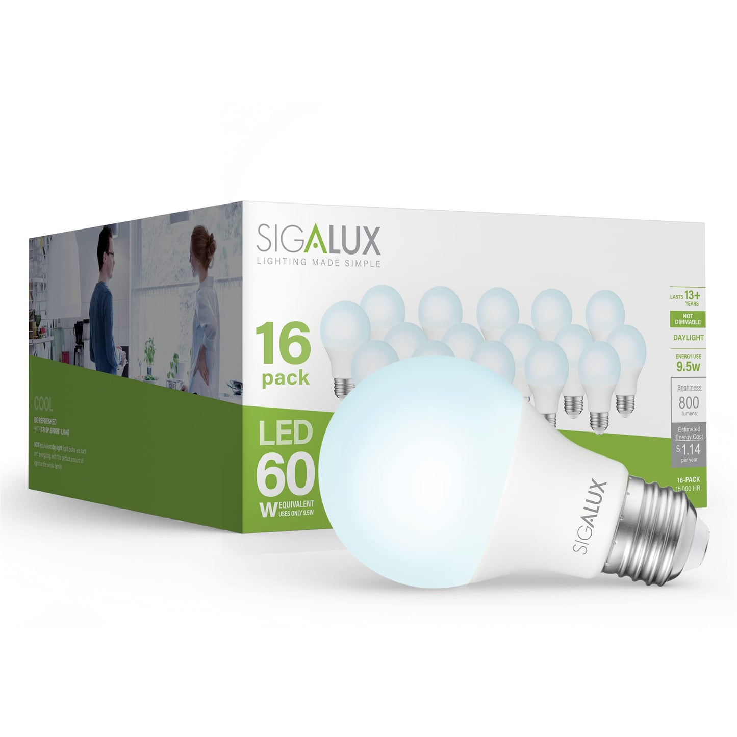 Sigalux A19 LED Light Bulb 60W Equivalent, E26 Medium Base 5000K Daylight 800LM, Non-Dimmable LED 9.5 Watt Standard Light Bulbs, UL Listed, 16 Pack