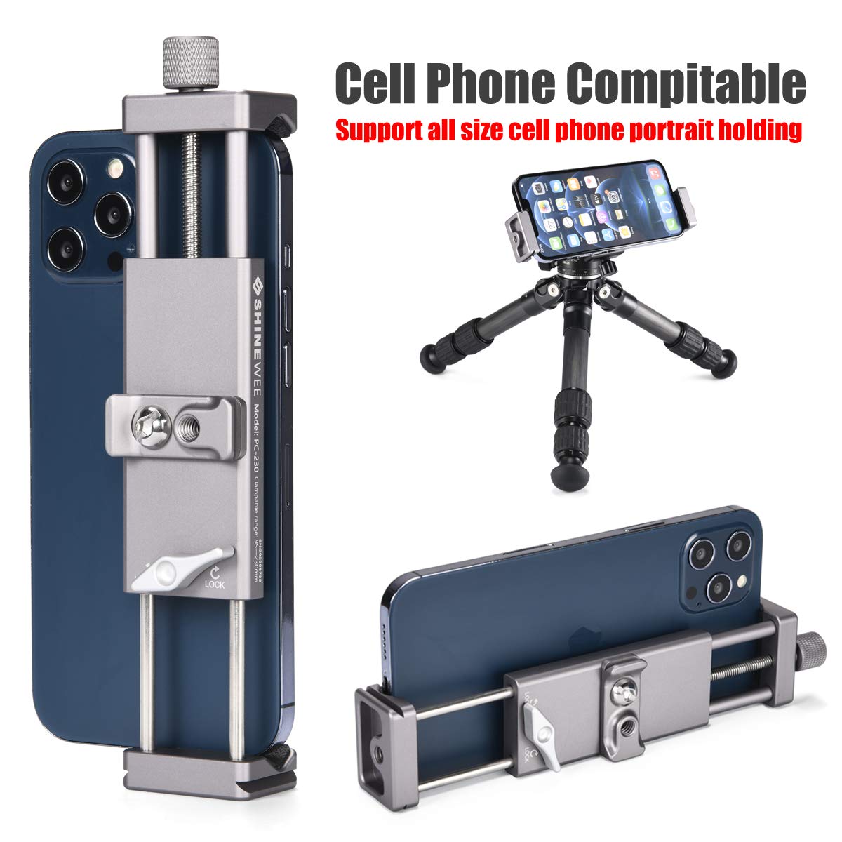 SHINEWEE Full Metal Tablet Tripod Holder - Compatible with iPad mini/Air/Pro | 1/4" Screw & Arca-Swiss Dovetail Mounts | Universal Tablet Clamp
