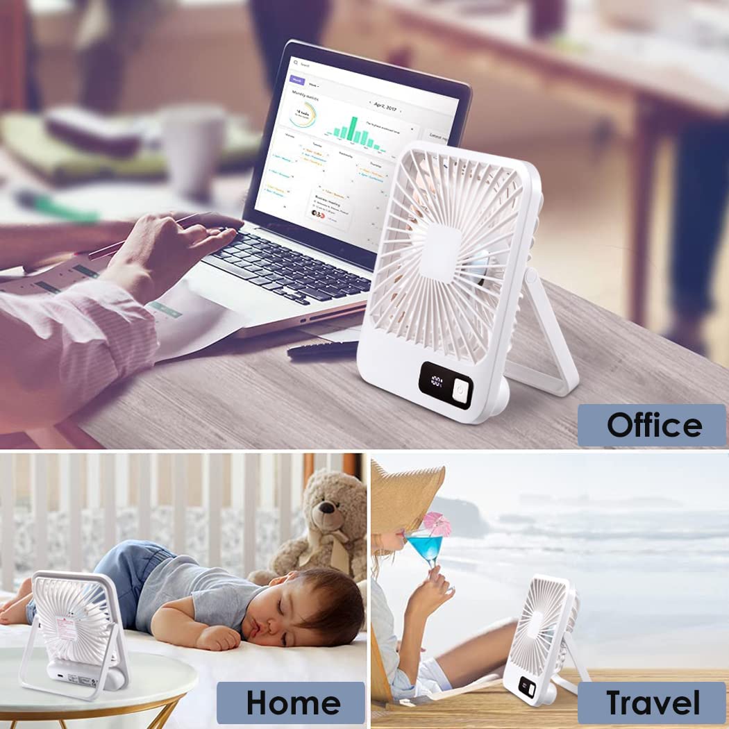 EITVLAGE Small Desk Fan, Portable USB Rechargeable Fan, Tilt Folding Personal Mini Fan with 2000mAh Battery and LCD Display, Strong Wind, Ultra Quiet