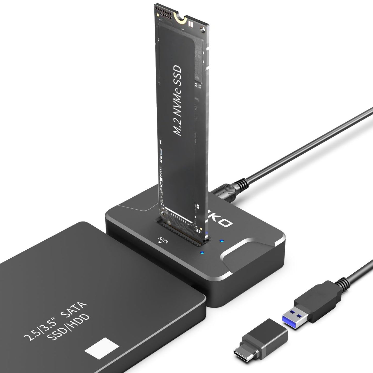 AOKO SATA NVMe SSD to USB Reader Adapter- Dual-Bay 2 in 1 Hard Drive Reader 10Gbps SSD Enclousure for NVMe + 2.5"/3.5" HDDs , Supports Simultaneous