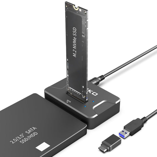 AOKO SATA NVMe SSD to USB Reader Adapter- Dual-Bay 2 in 1 Hard Drive Reader 10Gbps SSD Enclousure for NVMe + 2.5"/3.5" HDDs , Supports Simultaneous