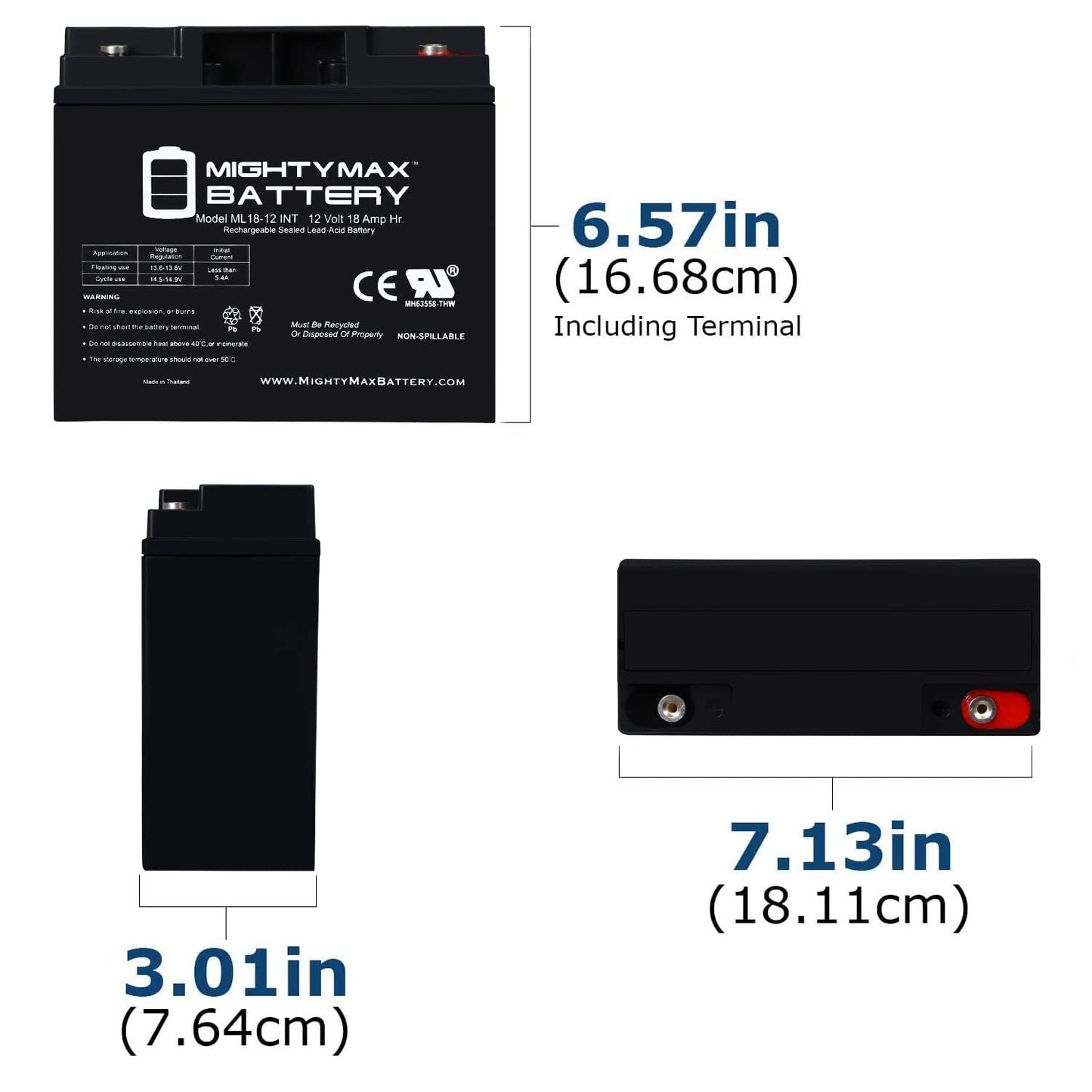 Mighty Max Battery ML18-12INT - 12 Volt 18 AH, Internal Thread (INT) Terminal, Rechargeable SLA AGM Battery