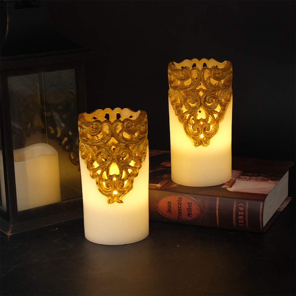DRomance Hollow Gold Flameless Flickering Candles with 5H Timer, Battery Operated LED Pillar Candles Unscented Wax Warm Light Christmas Home