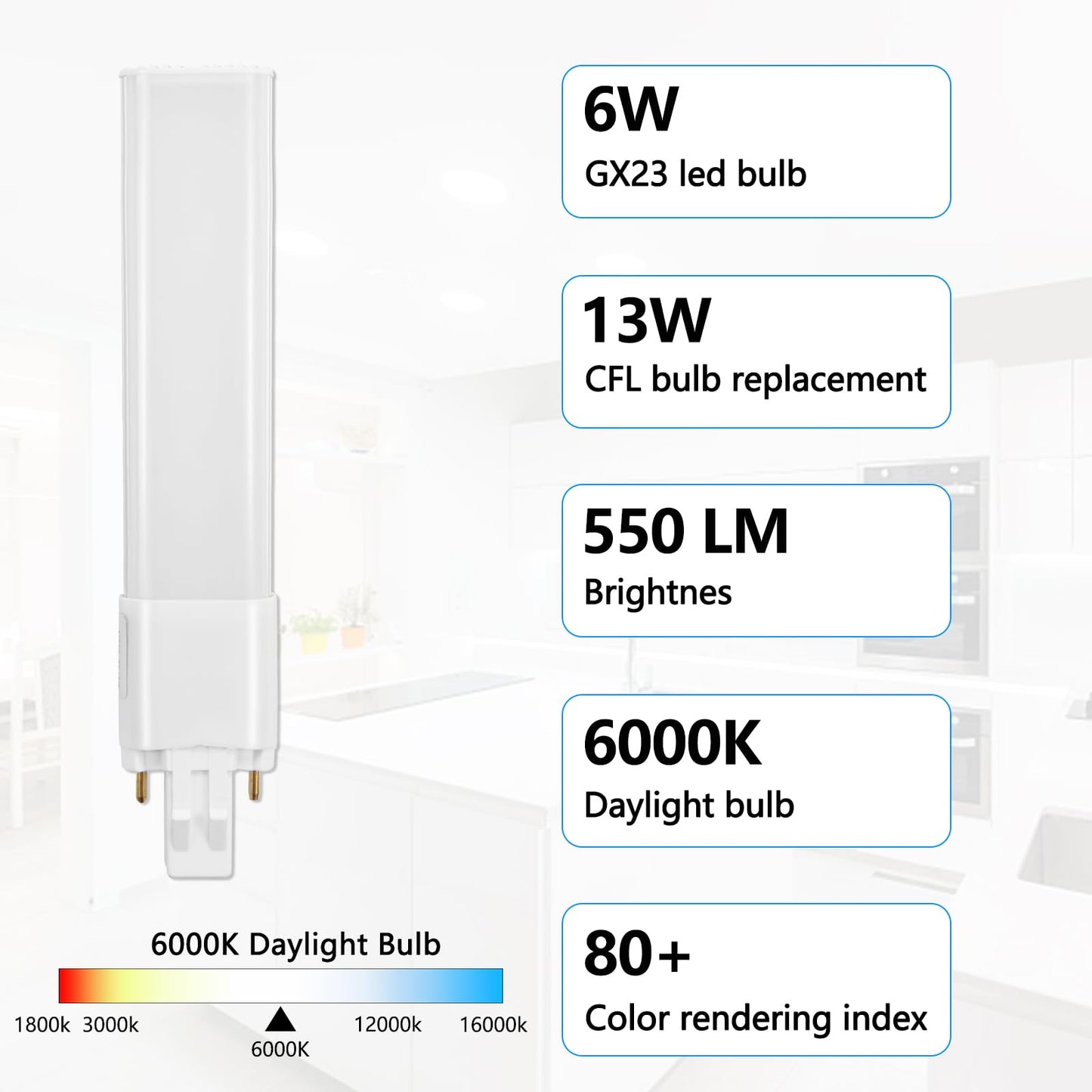 HengBO GX23 LED Bulb, 6W PL Horizontal Lamp, 13W CFL Bulb Equivalent, 180° Beam Angle, 6000K Daylight Recessed Down Light Bulb (Remove/Bypass