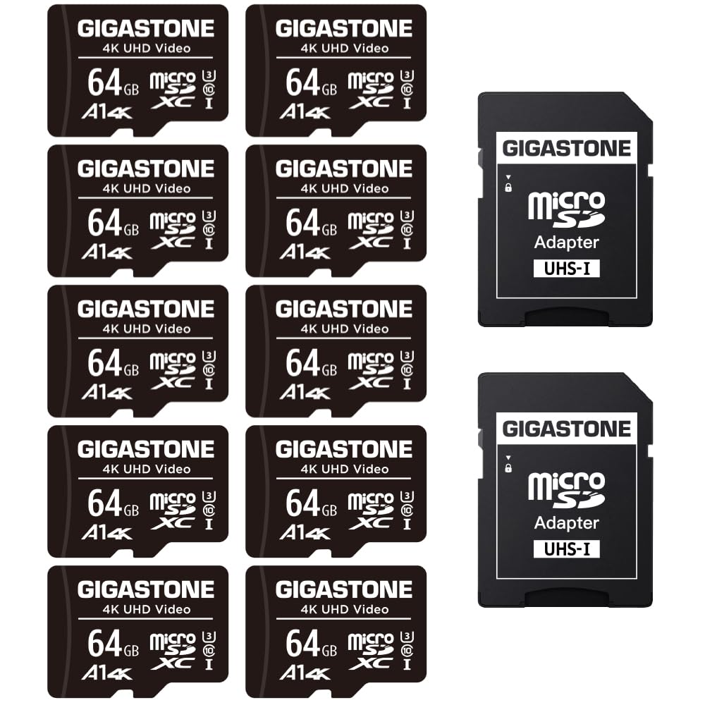 GIGASTONE 64GB Micro SD Card 10-Pack, A1 V30 4K Video Recording, Surveillance Security Cam Action Camera Drone Professional, 90MB/s Micro SDXC UHS-I