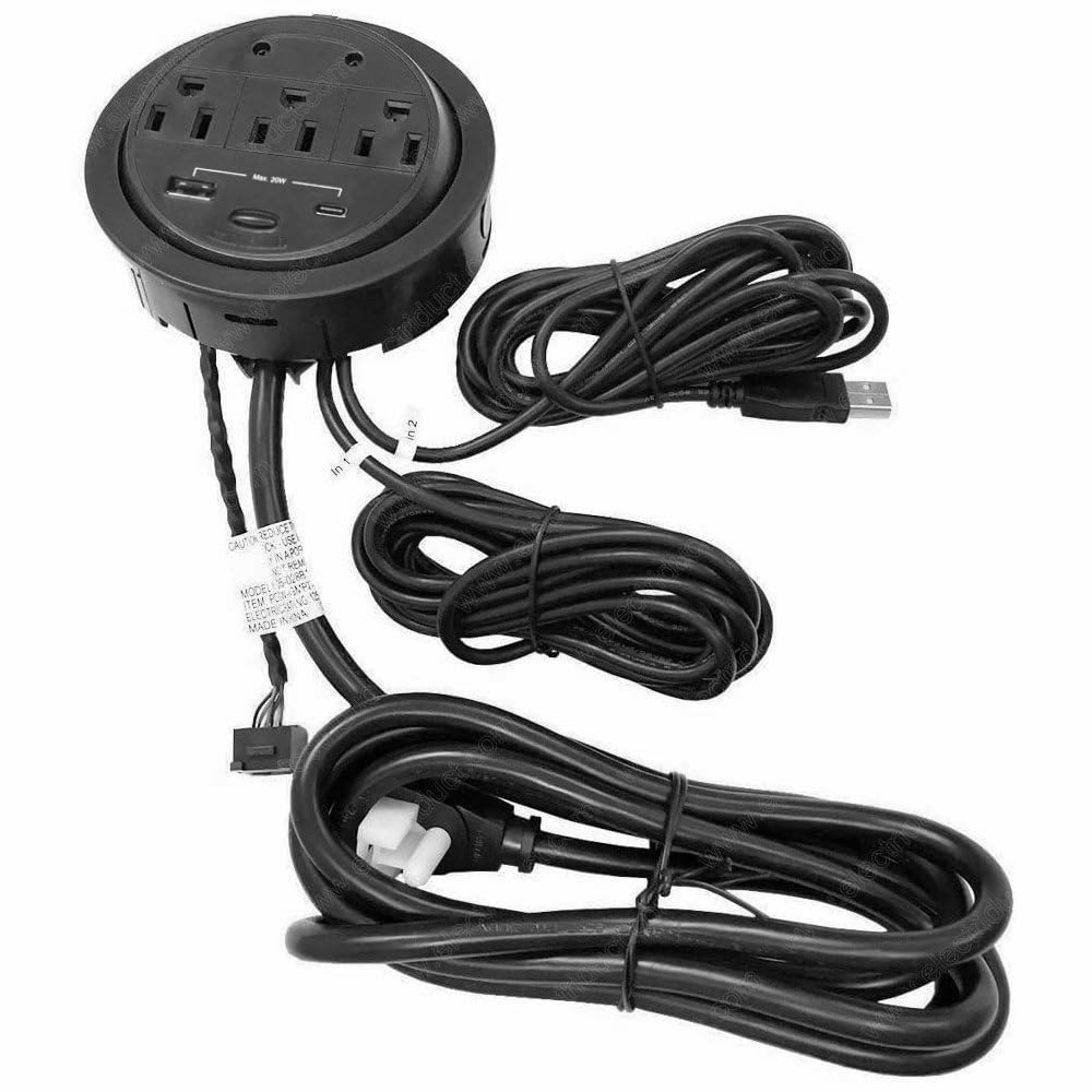 Kable Kontrol Recessed Power Grommet Desk Outlet, 3 AC Outlets,1 USB-A, 1 USB-C, 8’ Ft Power Cord, Flush Mount Fast Charging Station, for Office