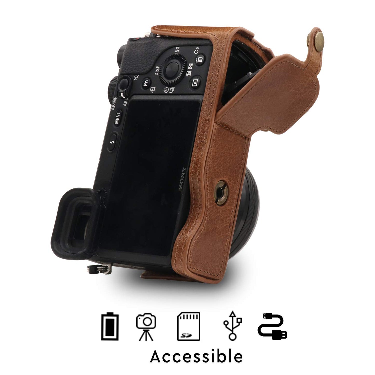 MegaGear MG1642 Ever Ready Genuine Leather Camera Half Case compatible with Sony Alpha A6100, A6400 - Brown