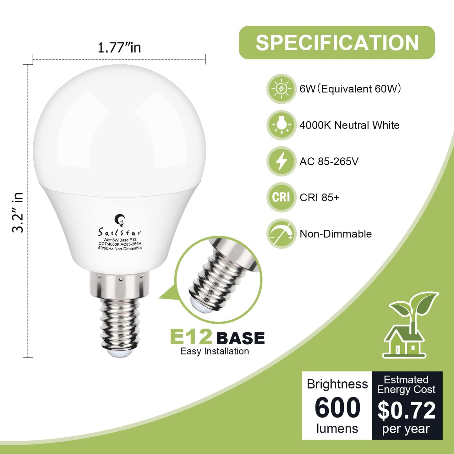 Sailstar Ceiling Fan Light Bulbs, E12 LED Bulb 60W Equivalent, Neutral White 4000K, 600 Lumens, A15 Small Candelabra Base LED Light Bulbs 6W, CRI 85