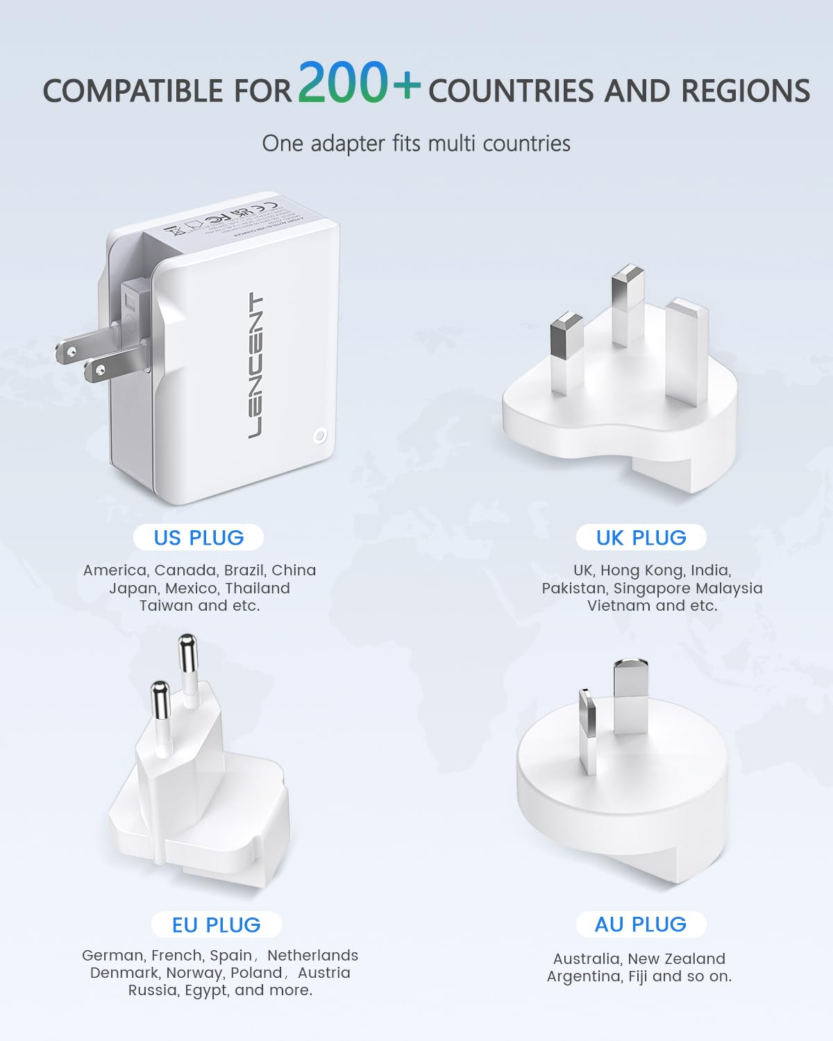 LENCENT Multiple USB Wall Charger, [22W/4.4A] 4 Port USB Travel Power Adapter, All in One Worldwide Cell Phone Charger With UK US EU European