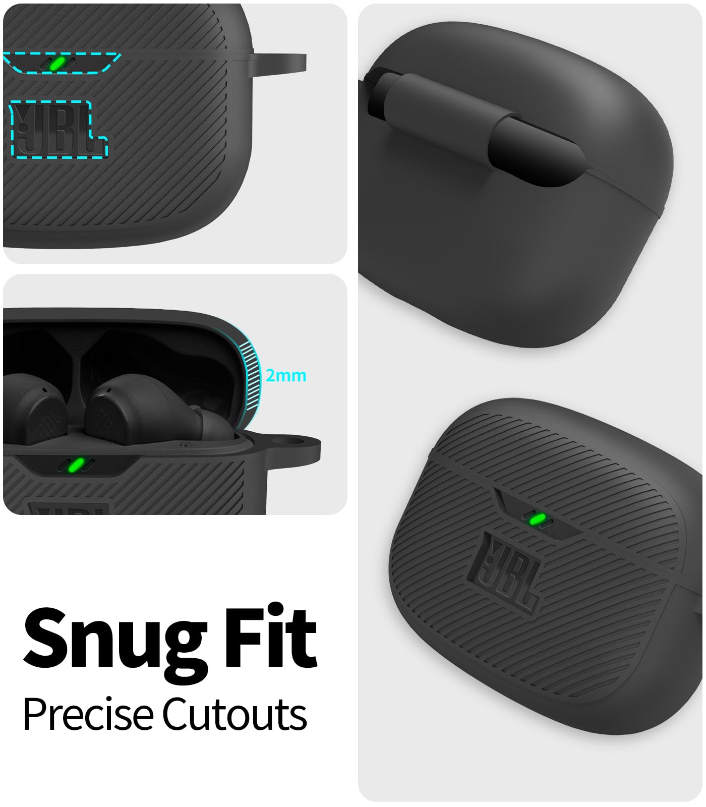 WADVCU Case Cover for JBL Vibe 200TWS & Beam, Silicone Protective Anti-Scratch Shock Resistant Logo Visible Cover, Compatible Devices, Carabiner-Black