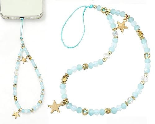 DPWOUM 1Pc Blue Beaded Five-Pointed Star Pendant Beaded Phone Chain Bracelet Wrist Lanyard,Cute Camera Charm Strap Bag Accessories for Women