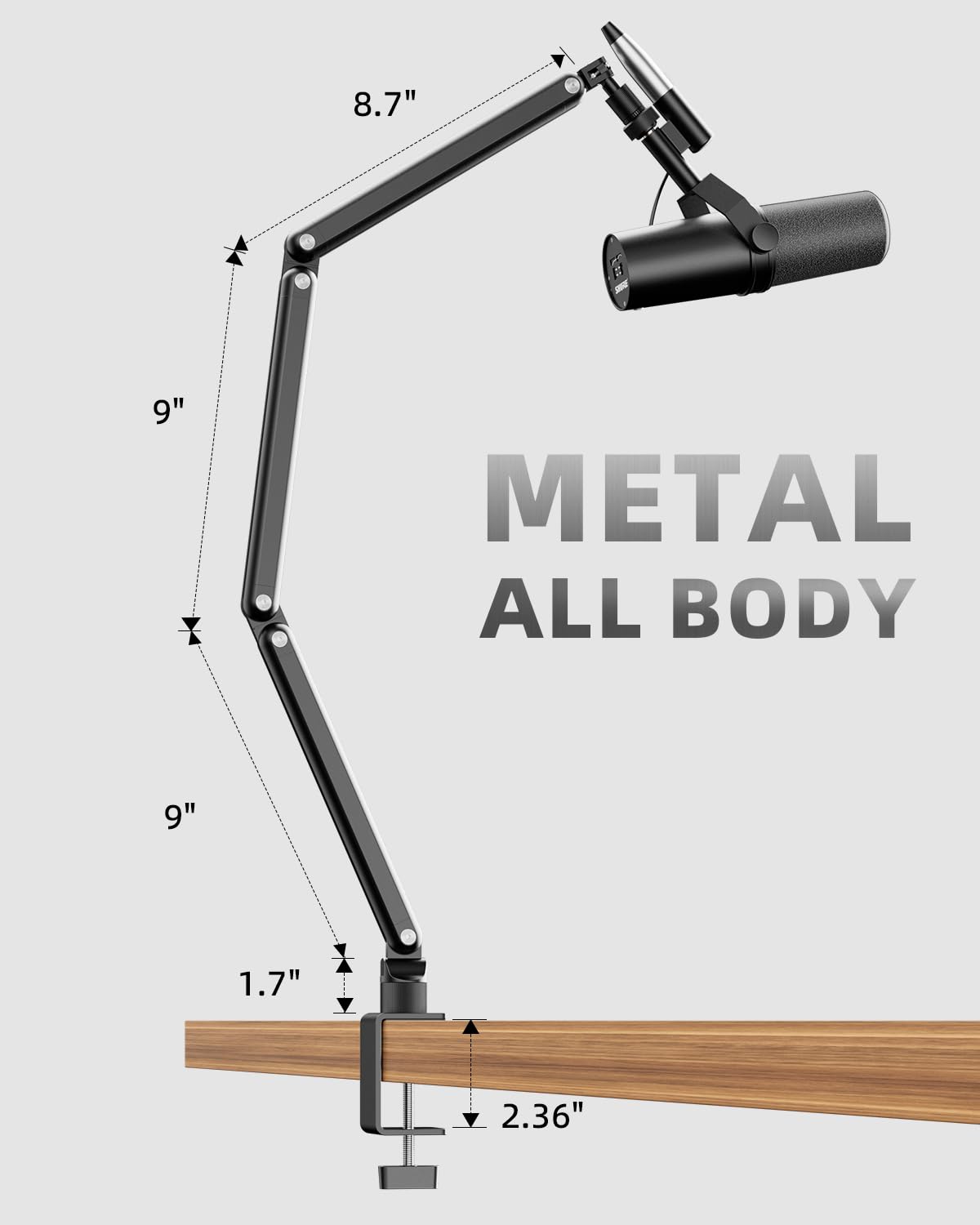 TODI Mic Arm for Lightweight Mics, Microphone Arm Rotatable, Storable Desk Mic Stand for Bear 3LB with Mount Clamp, Mic Stand Boom Arm with Cable
