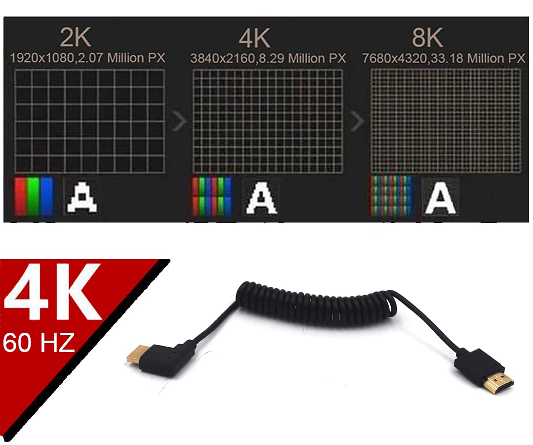 Kework 3.9ft HDMI 4K@60Hz Coiled Cable, Right Angle HDMI 2.0 Version Male to Male Adapter Spring Spiral Cord, 18Gbps High Speed, High Definition