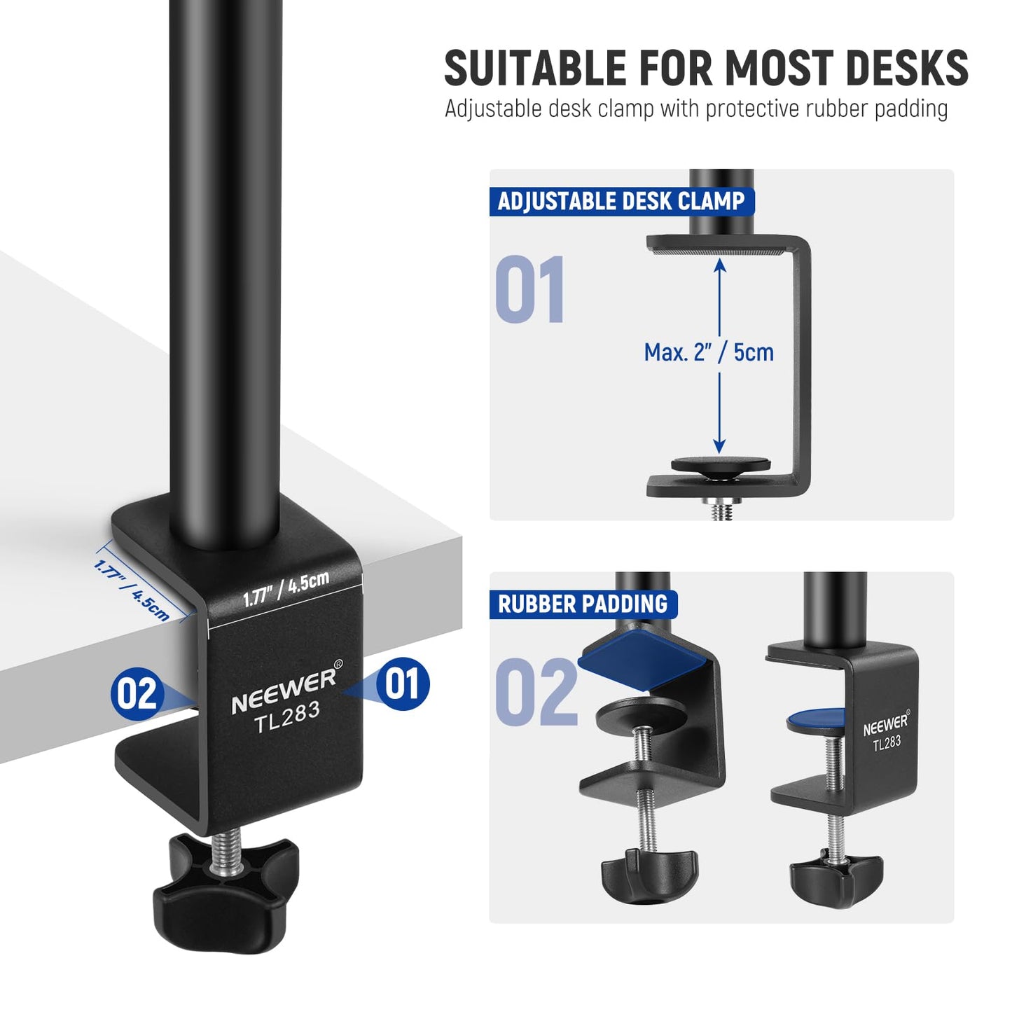 NEEWER Camera Desk Mount with Phone Holder & 360° Ball Head, 17"-40"/43-102cm Telescopic C Clamp Table Light Stand 1/4"Screw, Desktop Stand 6.6lb/3kg