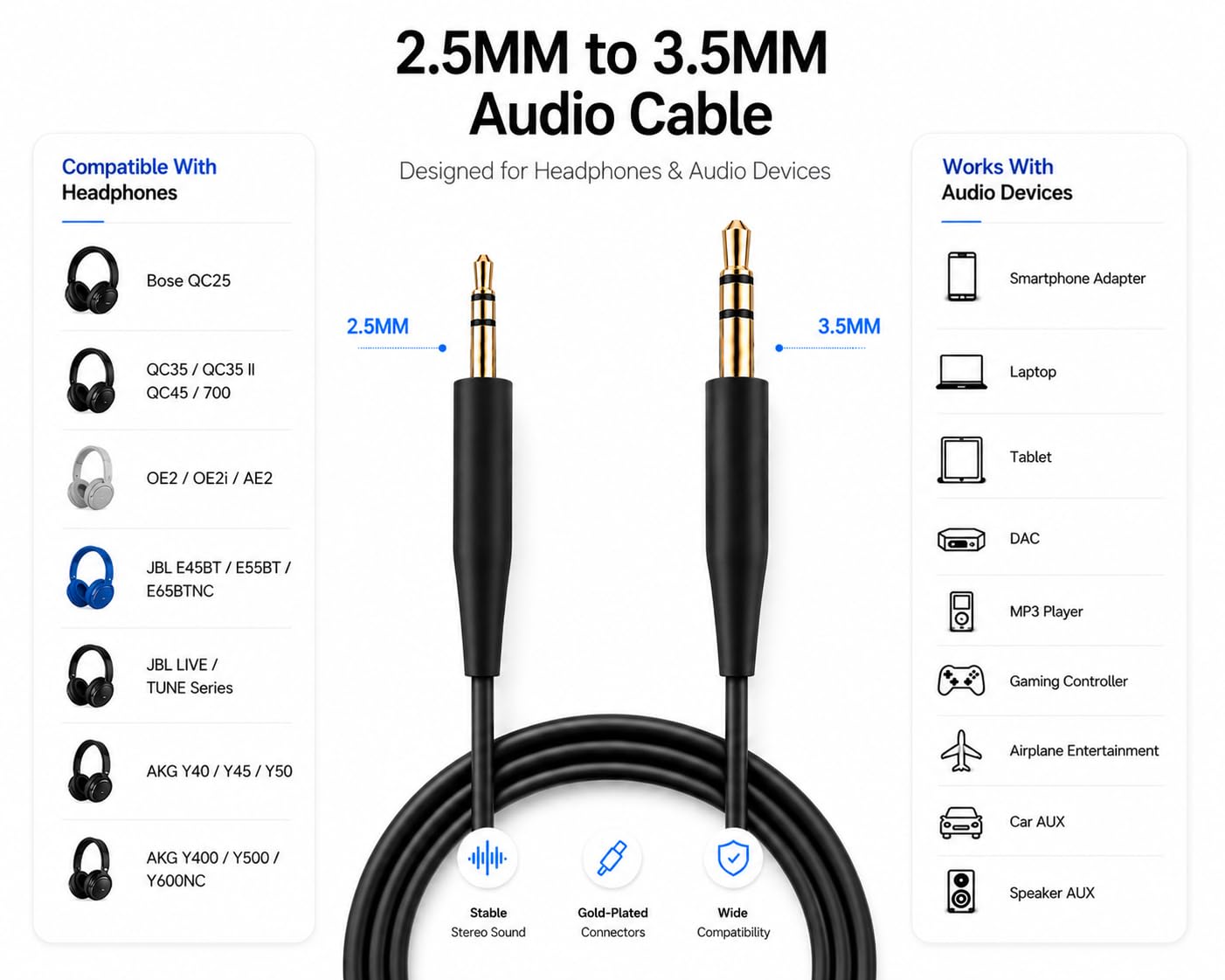 EARLA TEC Replacement Audio Cable Cord,Aux Wire 3.5mm to 2.5mm Compatible with Bose QuietComfort QC25 QC35 QC35II QC45 NC700 Soundlink Soundtrue
