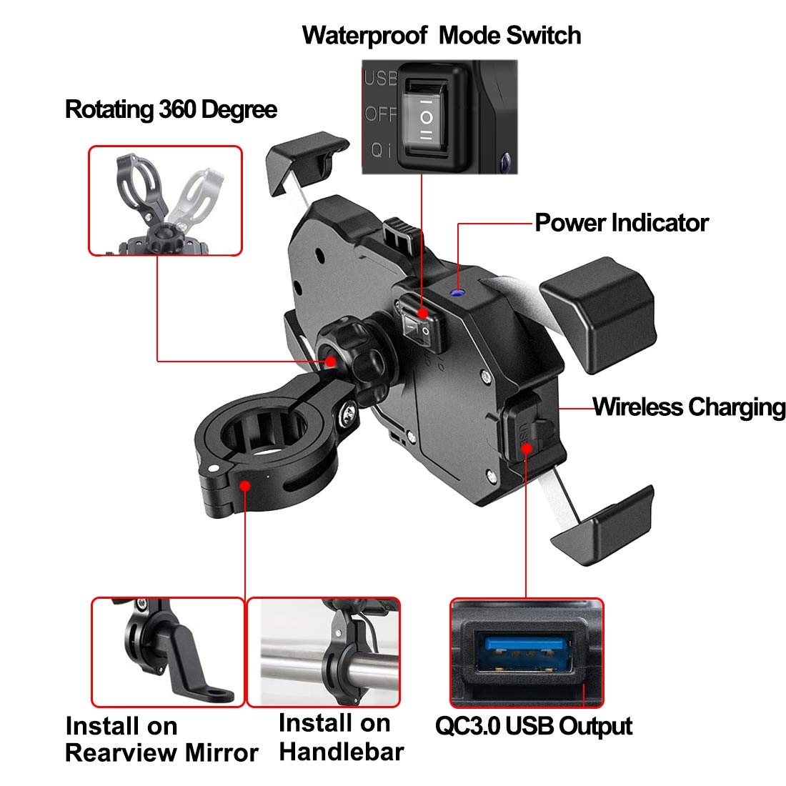 iMESTOU Motorcycle Wireless 15W Qi/USB Quick Charger 3.0 Phone Holder 2 in 1 Mount on 22-32mm Handlebar or Rear-View Mirror Fast Charging for 3.5-6.8