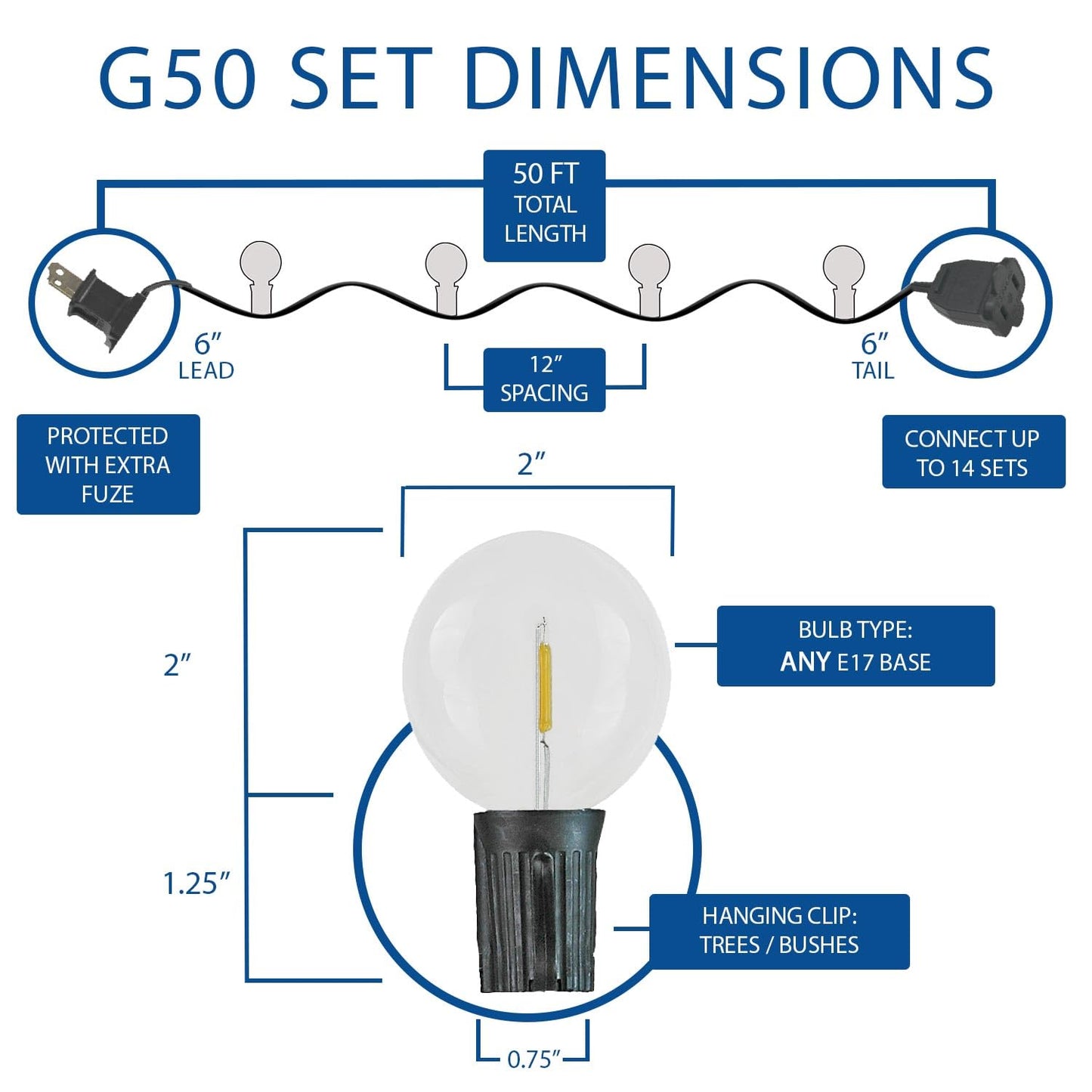 Novelty Lights 50 Feet G50 LED Patio String Light Set with 50 Bulbs, Warm White, Weather Resistant and Shatterproof Replaceable Plastic Globe Bulbs