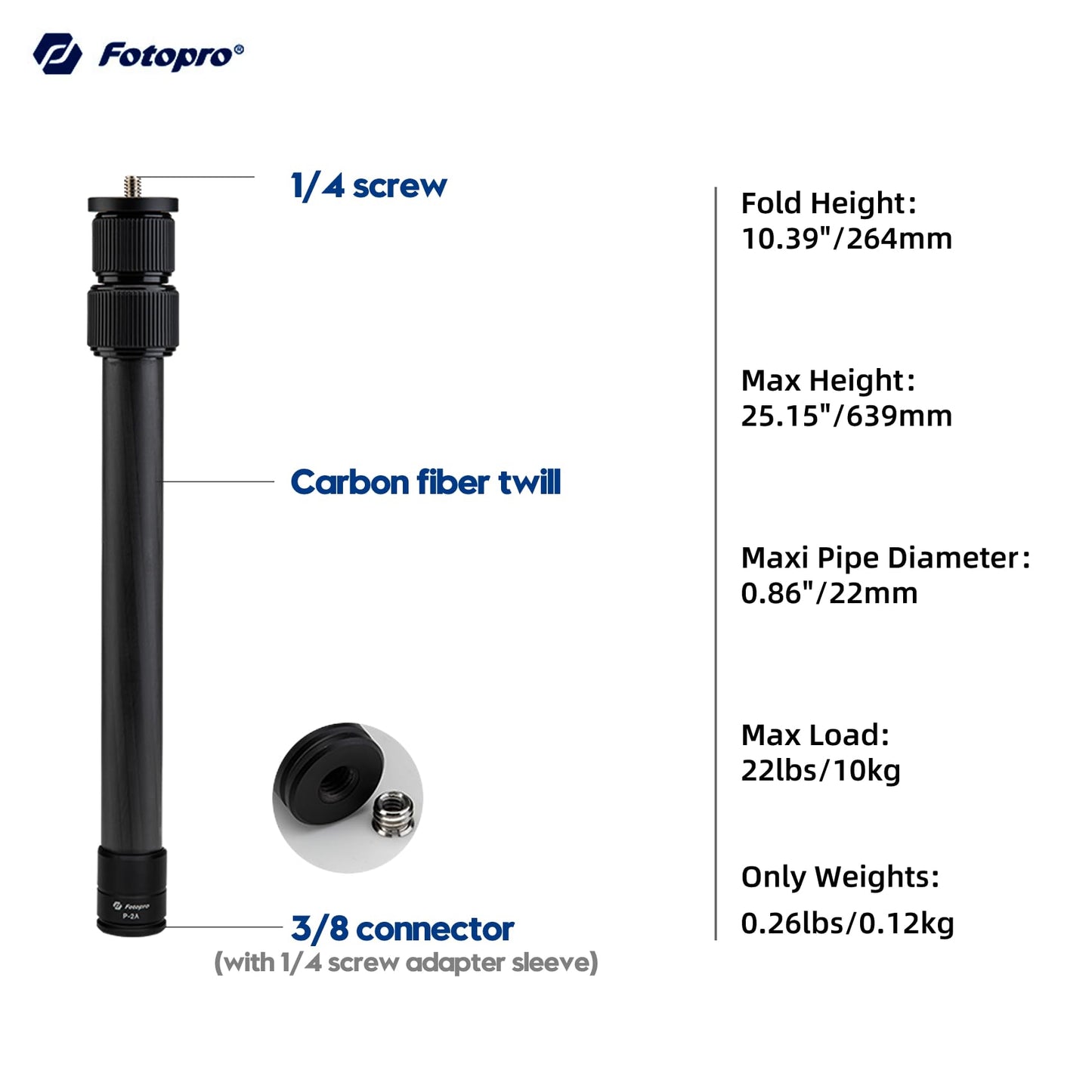 Fotopro 25" Carbon Fiber Tripod Extension Tube 3-Section Tripod Center Column Max Load 22lbs