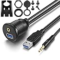 URWOOW 1M 3ft 3.5mm & USB 3.0 AUX Extension Mount Flush Cable, Dash & Panel Mount Cable, for Car, Boat, Motorcycle
