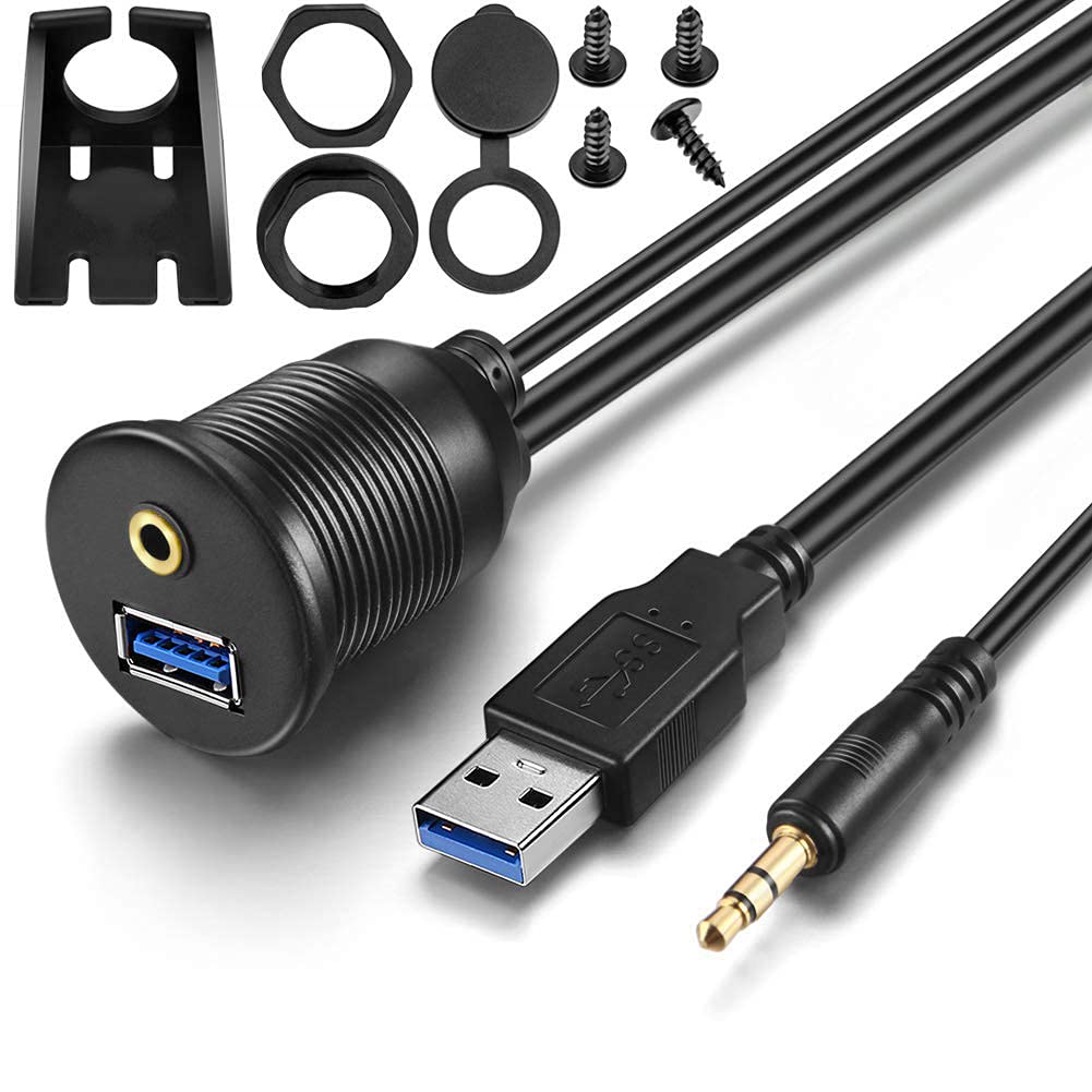 URWOOW 1M 3ft 3.5mm & USB 3.0 AUX Extension Mount Flush Cable, Dash & Panel Mount Cable, for Car, Boat, Motorcycle