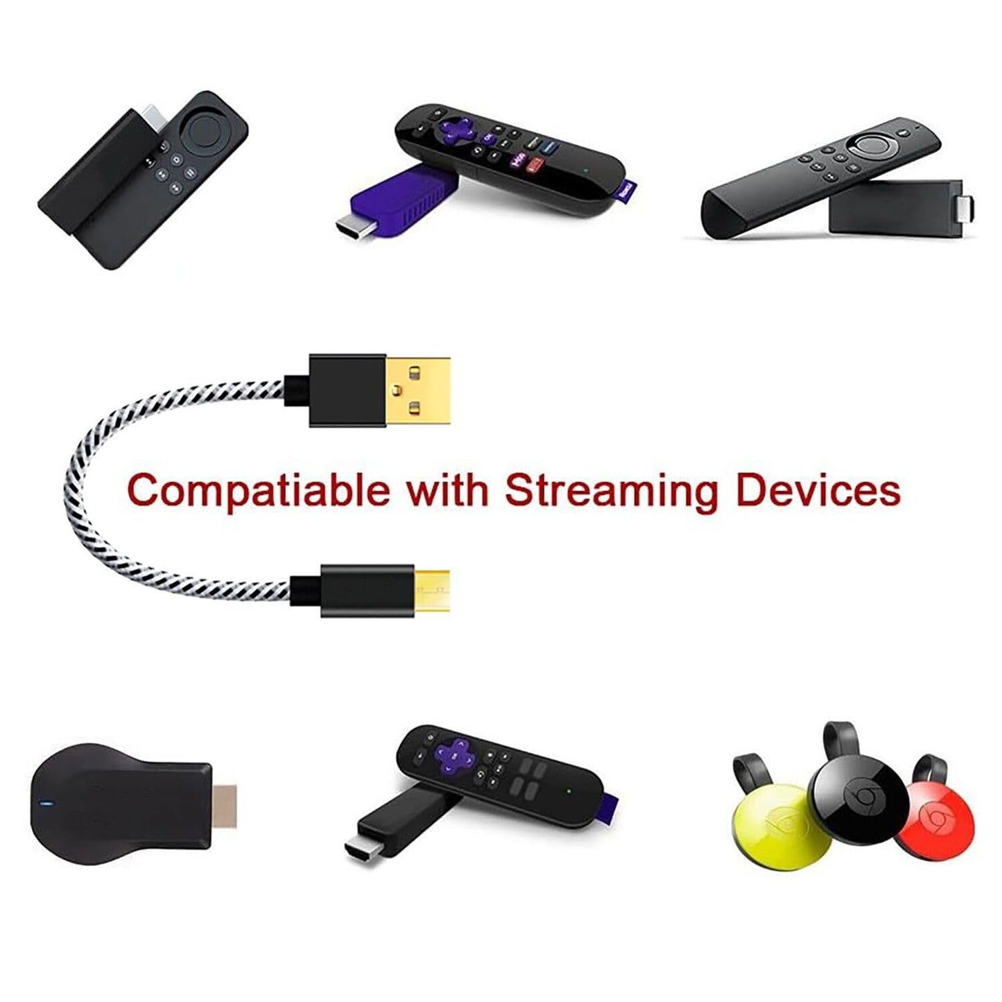 USB Power Cable for Fire Stick, Adapter Cord Plug Replacement, Powers Amazon FireStick Directly from TV USB Port, Eliminates The Need for a Charger