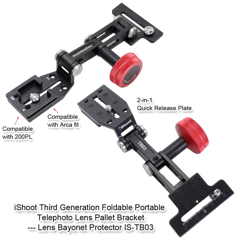 iShoot Foldable Long Focus Lens Support, Portable Telephoto Lens Bracket, Zoom Lens Stand, 2-in1 Camera Quick Release Plate Compatible with Manfrotto
