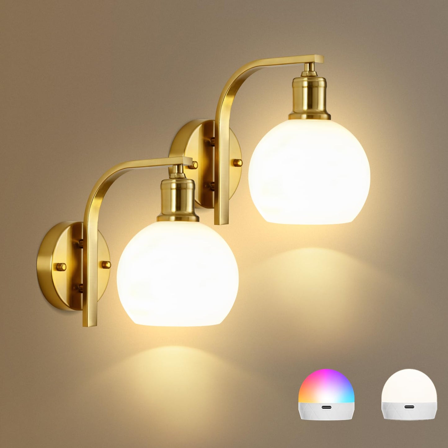 KernLite Battery Operated Wall Sconce Set of 2, Gold Wireless Rechargeable Wall Lights with Milky Frosted Shade, 12 RGB and 3CCT Dimmable Cordless