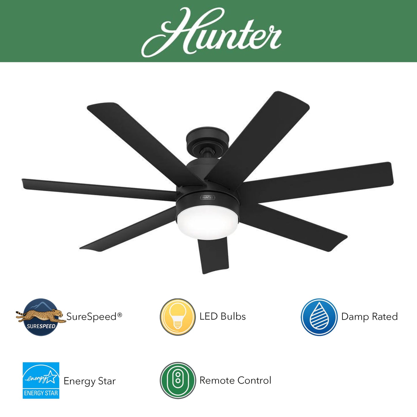 Hunter Fan 52 inch Indoor/Outdoor Matte Black Ceiling Fan with Light and Remote Control for Bedroom, Living Room, Dining Room, Kitchen, Office, Patio