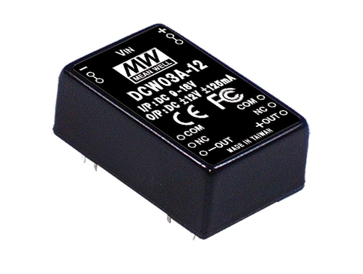 Mean Well DCW03A-12 Power Supply Encapsulated Converter, 2 Output, 12 Volt, 0.125A/-0.125A, 8-Pin, 1.25" L x 0.8" W x 0.48" H