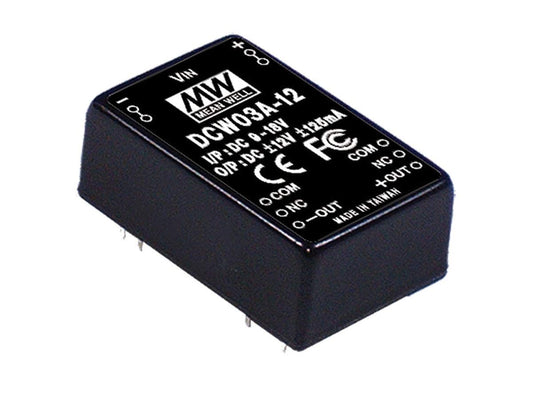Mean Well DCW03A-12 Power Supply Encapsulated Converter, 2 Output, 12 Volt, 0.125A/-0.125A, 8-Pin, 1.25" L x 0.8" W x 0.48" H