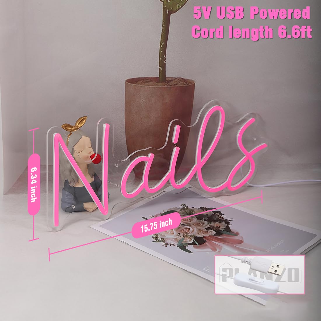 Planzo Nails LED Neon Light Sign Cool Girls Bedroom Desk Wall Decor Beauty Salon Studio Business Stores Logo Barber Shops Signs Boss Lady Birthday
