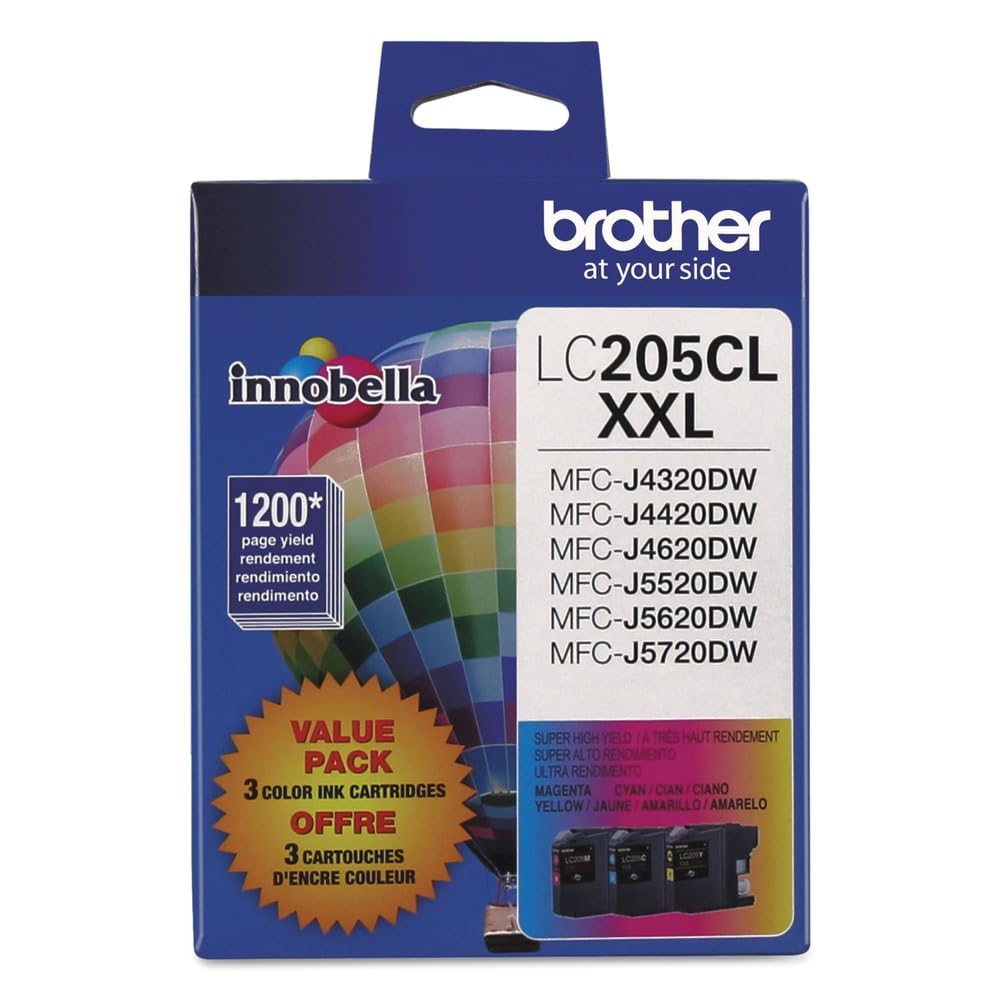Brother LC205 Innobella Super High-Yield XXL 3-Color Ink Cartridges Set, 1200 Pages Yield/Cartridge, Cyan, Magenta & Yellow