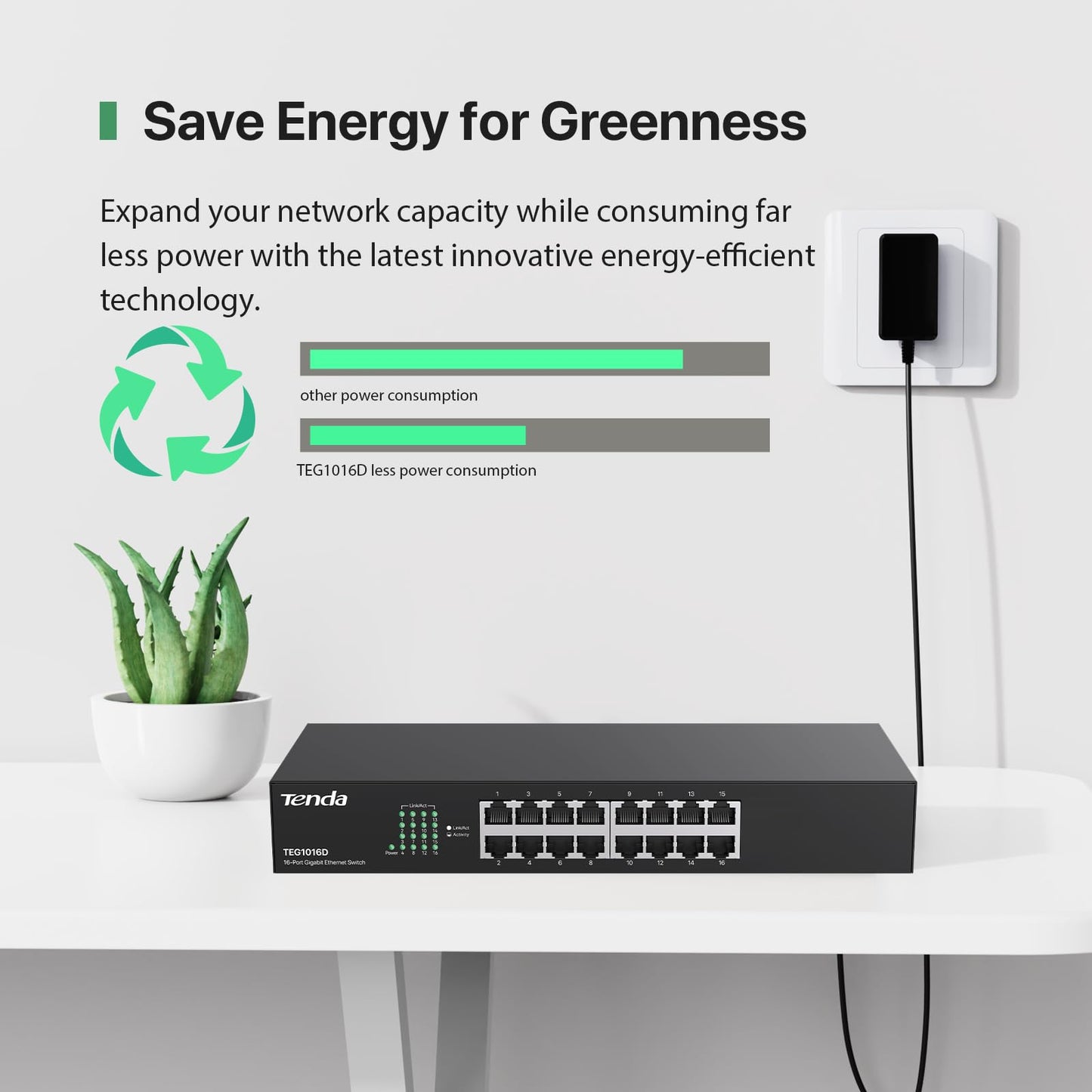 Tenda TEG1016D, Unmanaged 16 Port Gigabit Switch, Rackmount Ethernet Switch, Plug & Play, Fanless & Metal Design Network Switch, Limited Lifetime