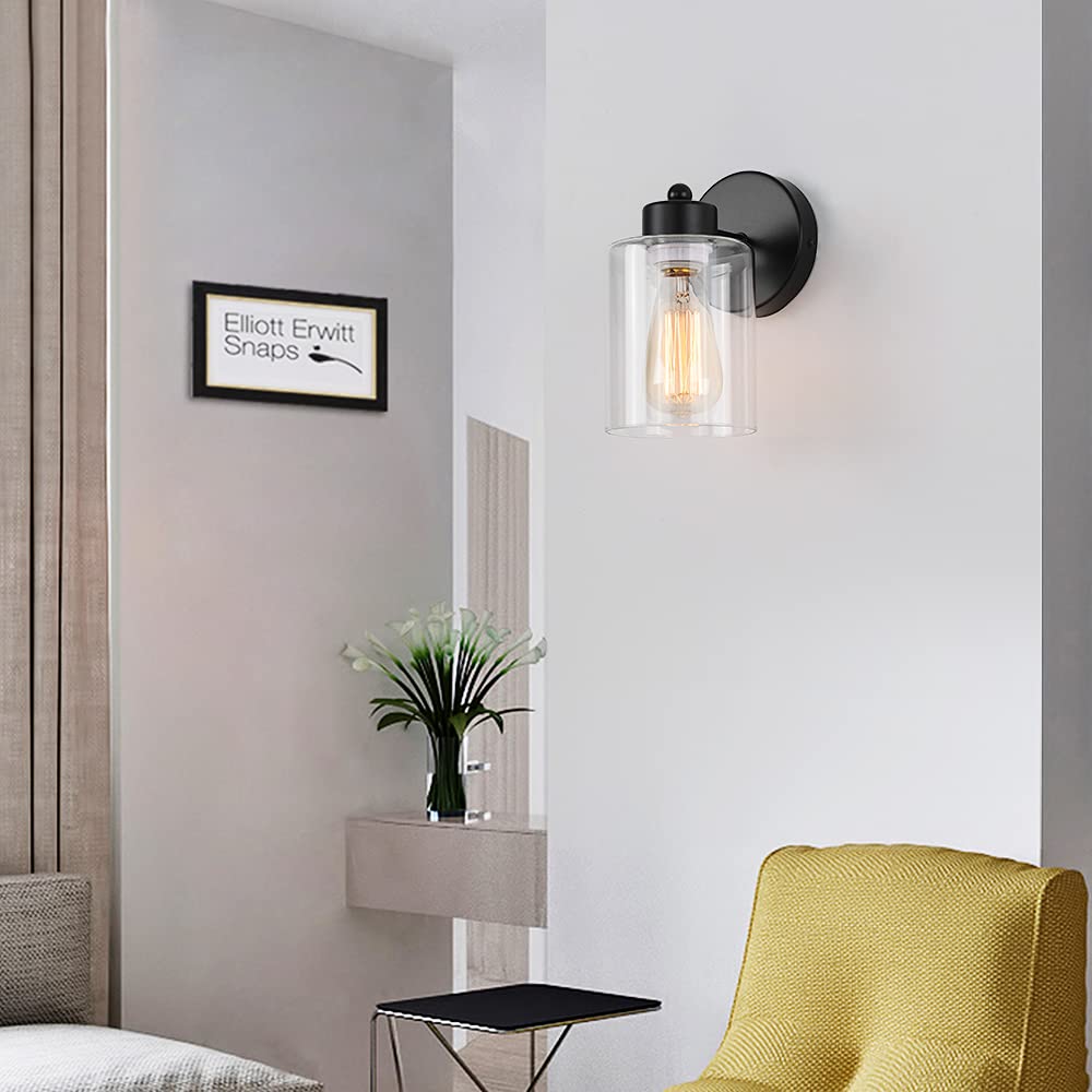 KENMI, 1-Light Bathroom Black Vanity Light Matte Black Wall Sconce Vintage with Clear Glass Shade, Hallway Light Fixture Sconces Wall Lighting
