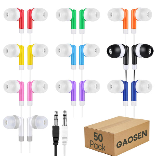 Gaosen 50 Pack Bulk Kids Earbuds for School Classroom, Multi Colored Student Wired Headphones with 3.5 mm Jack in Ear Earphones for Computer