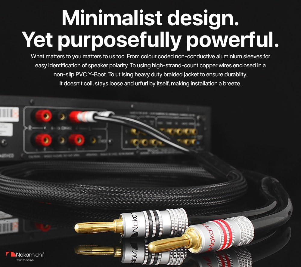 Nakamichi Excel Series 24k Gold Plated Banana Plug with (6 Feet) Speaker Cable Wire 99.9% Oxygen-Free Copper (OFC) Heavy Duty Braided in-Wall CL2