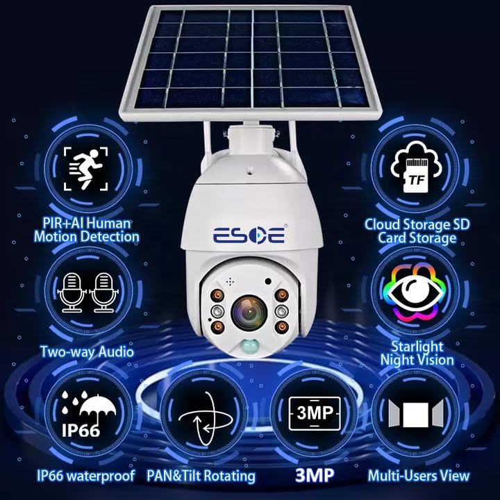 ESOE UBOX APP 2MP WiFi 4G Solar PTZ Camera IP Surveillance 1080P 4G Wireless Panel Battery Power CCTV Solar Camera (1920 x 1080,WiFi)