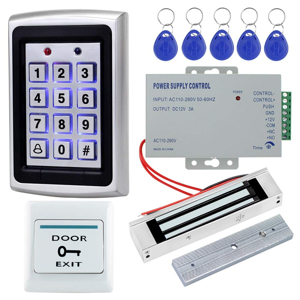 LIBO Full Access Control System Kit Set Metal Controller Keypad 500 Users, 3A Power Supply Switch DC 12V Electric Magnetic Lock 180kg/350lbs + Door
