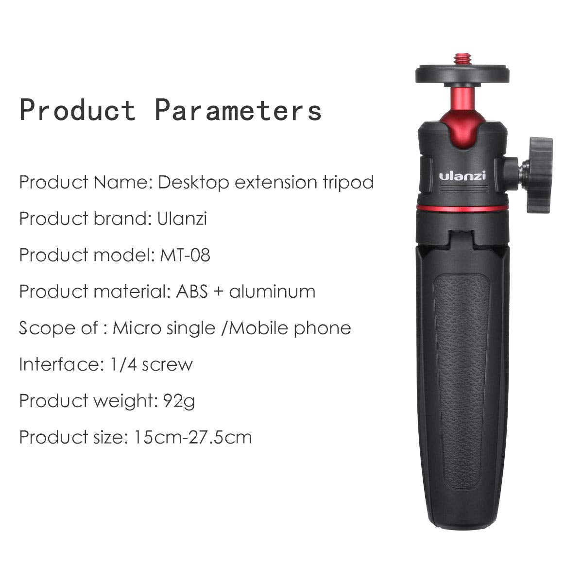 MT-08 Black Mini Tripod for Camera, 1/4" Screw Universal Tripod Compatible with DJI OSMO Pocket 3/Insta 360 x 5/OSMO 360/Xtra/Sony/Canon/Nikon