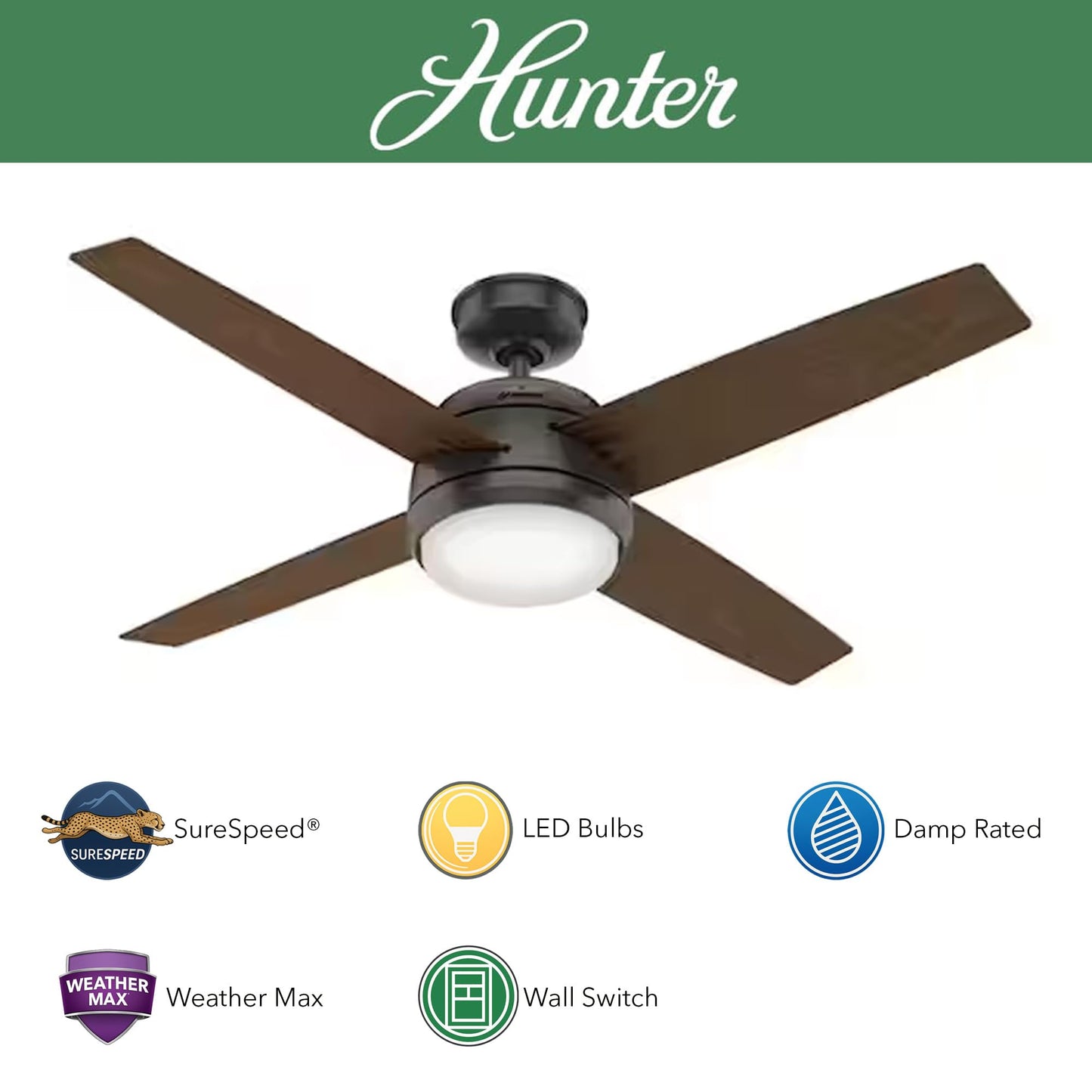 Hunter Fan 52 inch Ceiling Fan with Light, Outdoor or Indoor Noble Bronze Ceiling Fan for Porch, Living Room, Office, Kitchen, Garage, 4 Blades