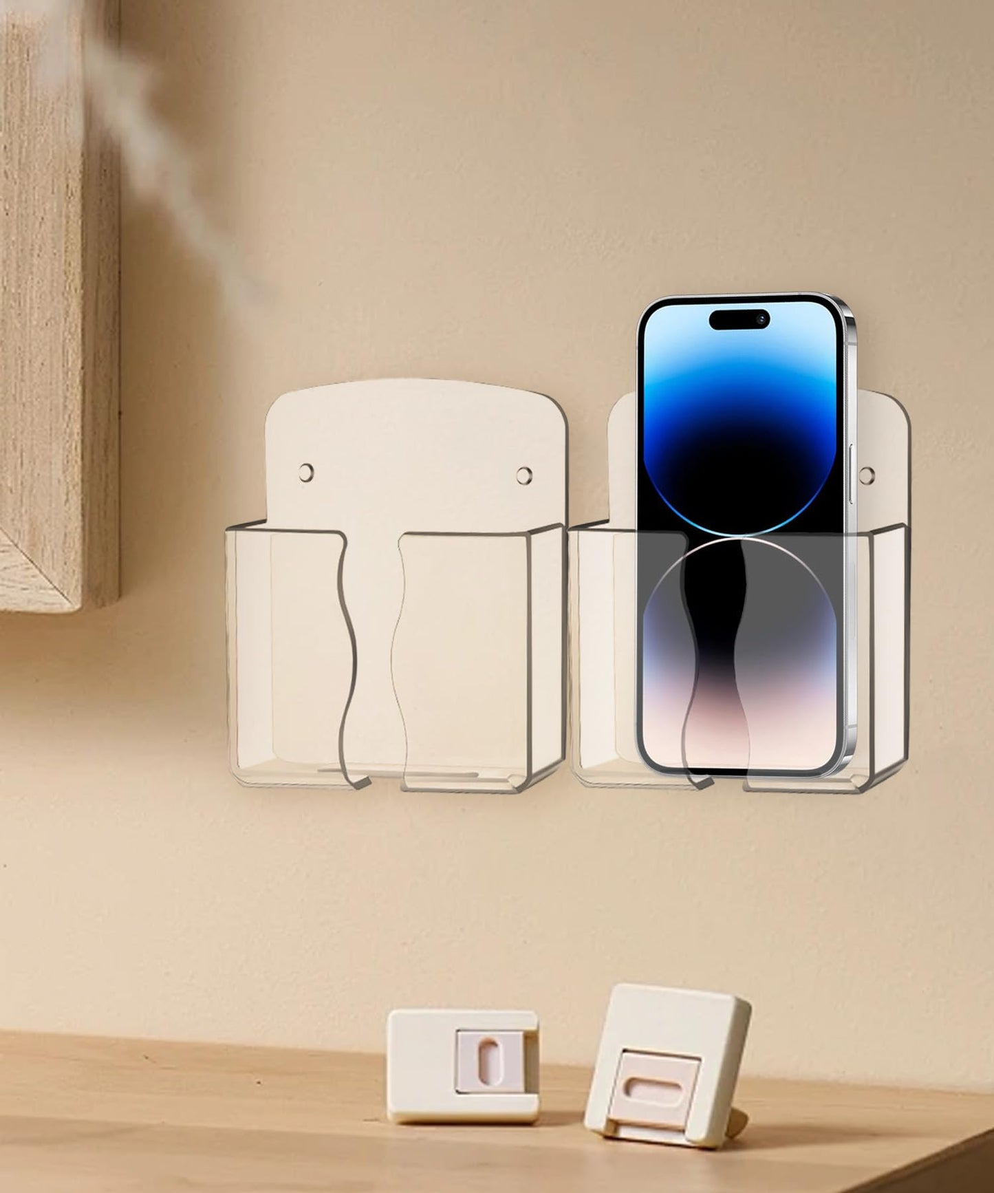 azings Acrylic Cell Phone Wall Mount Holder with Transparent Adhesive, 3 Modes (Clear)