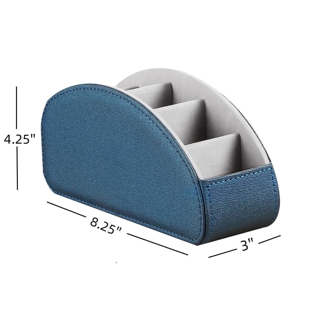Leather Remote Control Holder,TV Remote Caddy with 5 Compartments,Desktop Organizer,for Store TV,DVD,Blu-Ray,Media Player,Heater Controllers(Blue)