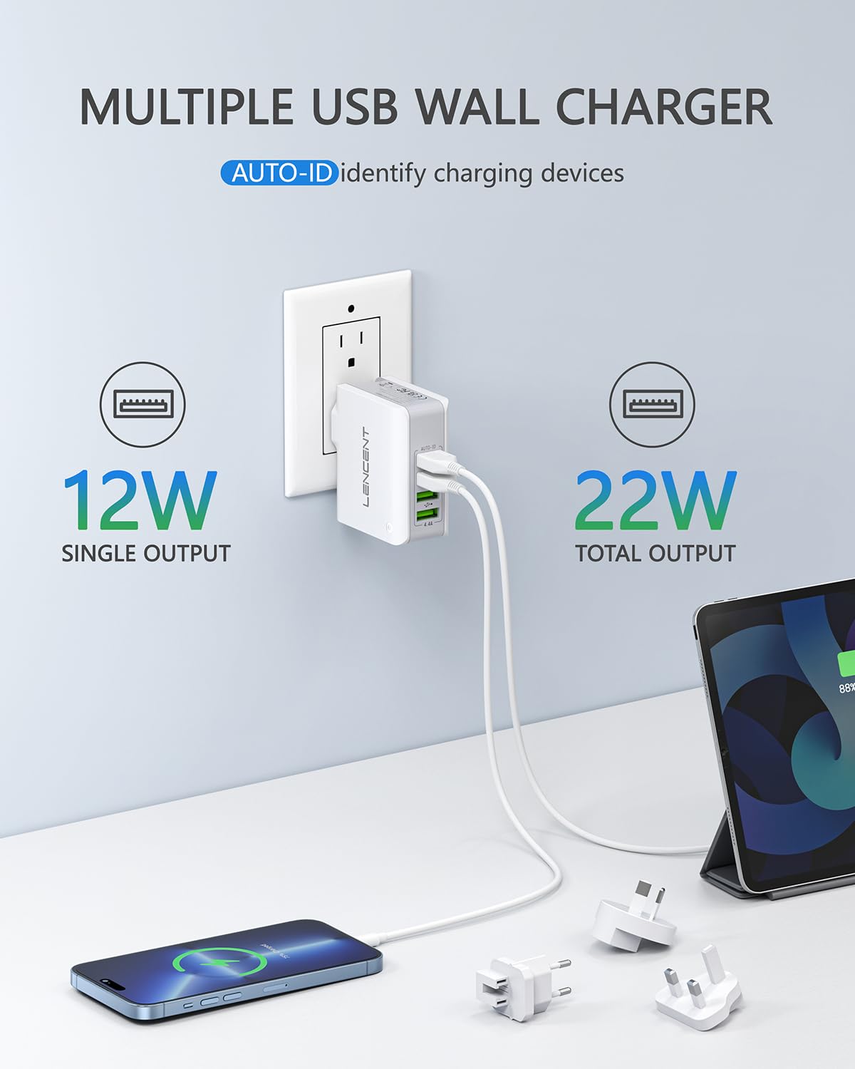 LENCENT Multiple USB Wall Charger, [22W/4.4A] 4 Port USB Travel Power Adapter, All in One Worldwide Cell Phone Charger With UK US EU European
