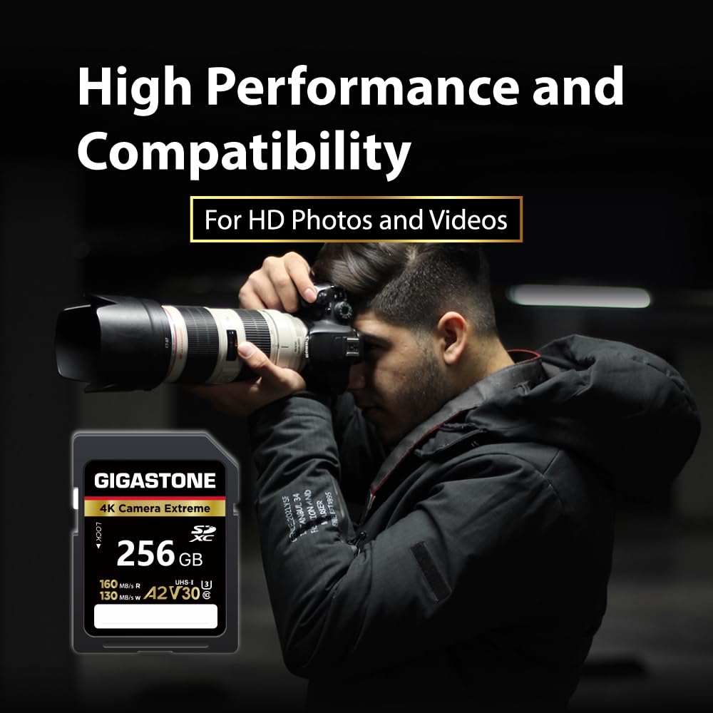?5-Years Data Recovery? GIGASTONE 256GB SD Card, 4K Camera Extreme, A2 V30 U3 C10 SDXC Memory Card High Speed, Compatible with Canon Kodak Olympus