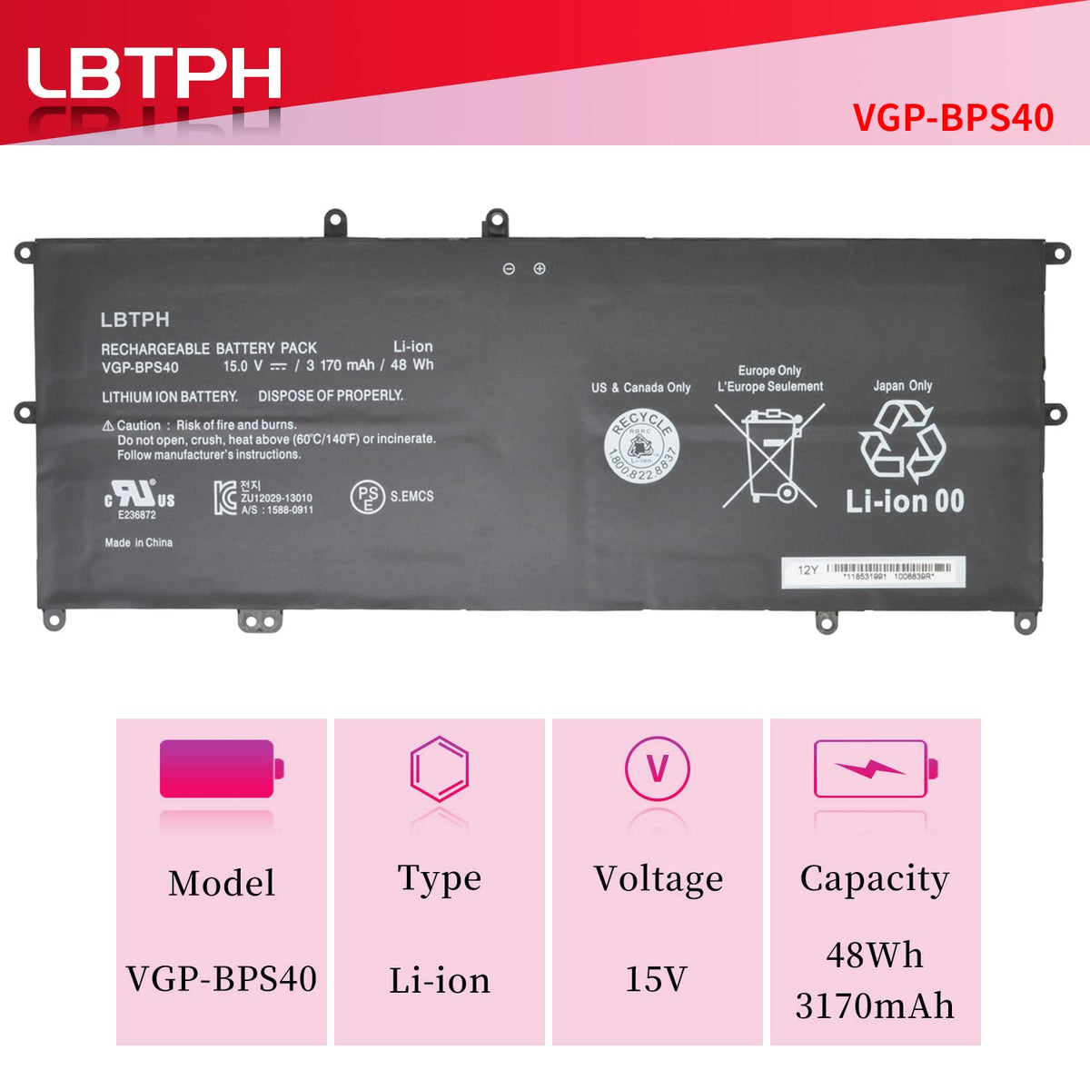 VGP-BPS40 48Wh Battery for Sony VAIO Flip SVF 14A 15A SVF14N SVF14N11CXB