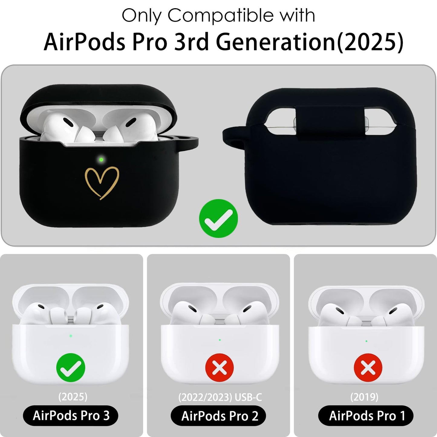 AIIEKZ Compatible with AirPods Pro 3 Case Cover (2025), Soft Silicone Case with Gold Heart Pattern for AirPods Pro 3rd Generation Case with Rhinestone