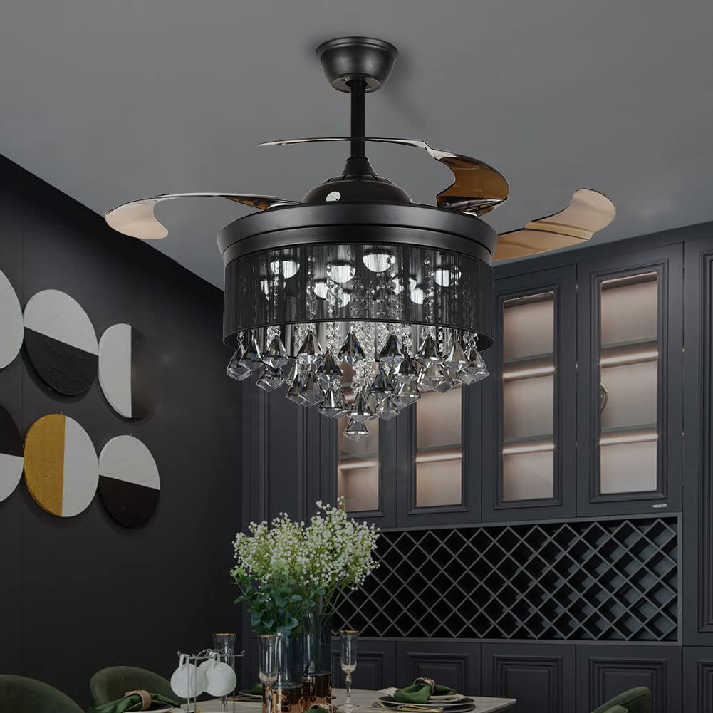 Cretifity 42 inches Crystal Black Ceiling Fan with Light, Round Drum Crystal Chandelier Fan with Retractable Blade, Timing 3 Speeds 3 Colors Change